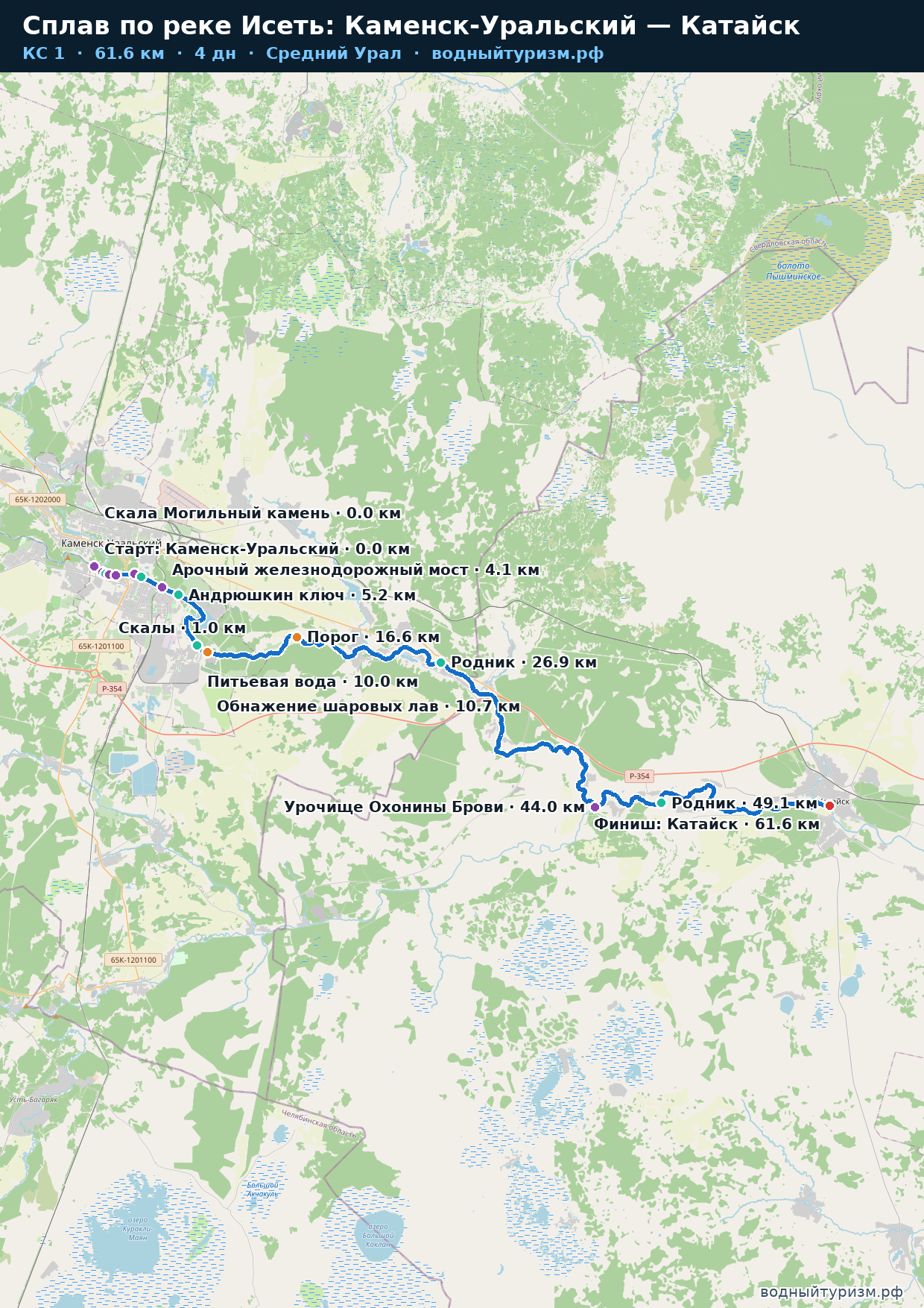 Схема маршрута Сплав по реке Исеть: Каменск-Уральский — Катайск